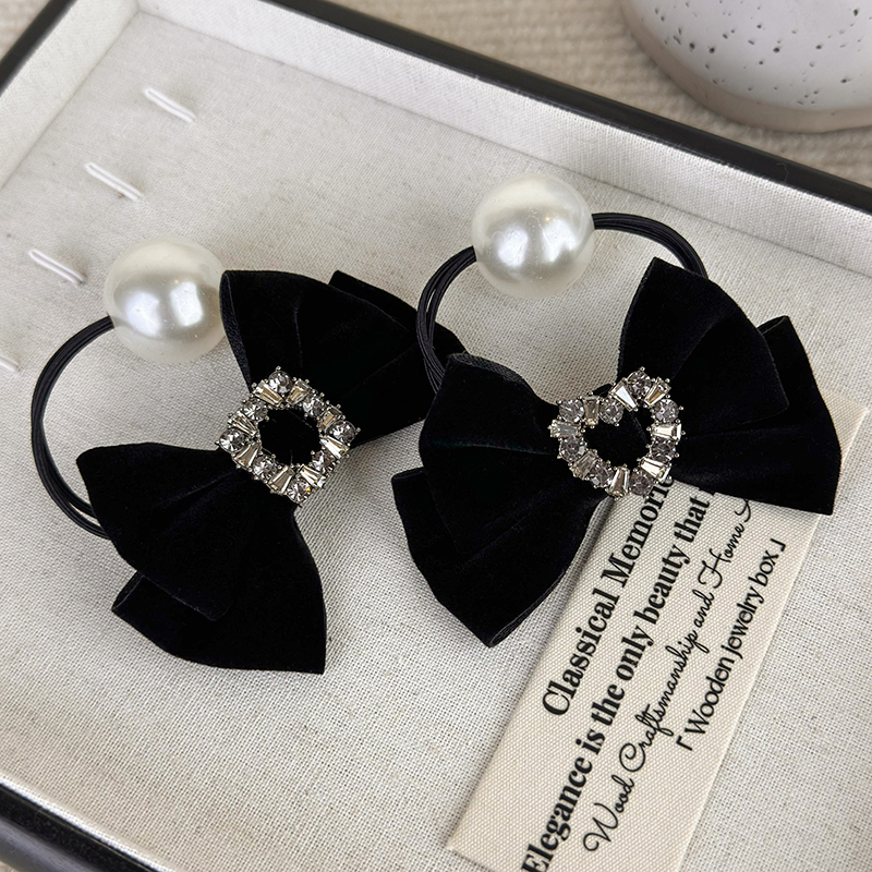 Hair Tie Velvet - Retro Black Velvet Rhinestone Bow Pearl