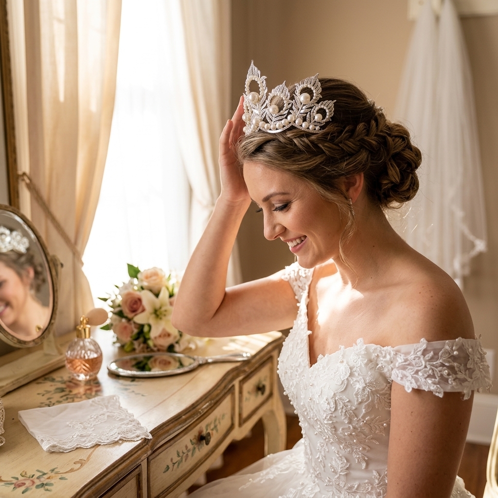 Women Accessories For Wedding - Pearl Crown Headpiece With Peacock-Feather For